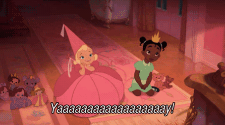 a girl in a pink dress is surrounded by other princesses and the words yaaa are above her
