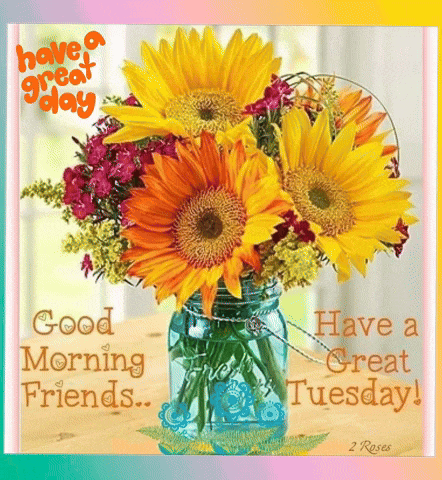 a bouquet of sunflowers in a mason jar with the words have a great day good morning friends and have a great tuesday