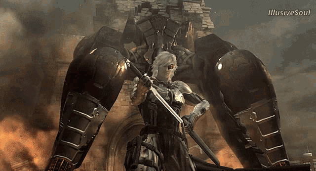 a man holding a sword in front of a large robot with the words illusive soul on the bottom right