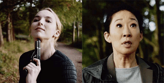 a woman holding a gun to her neck next to another woman with a surprised look on her face