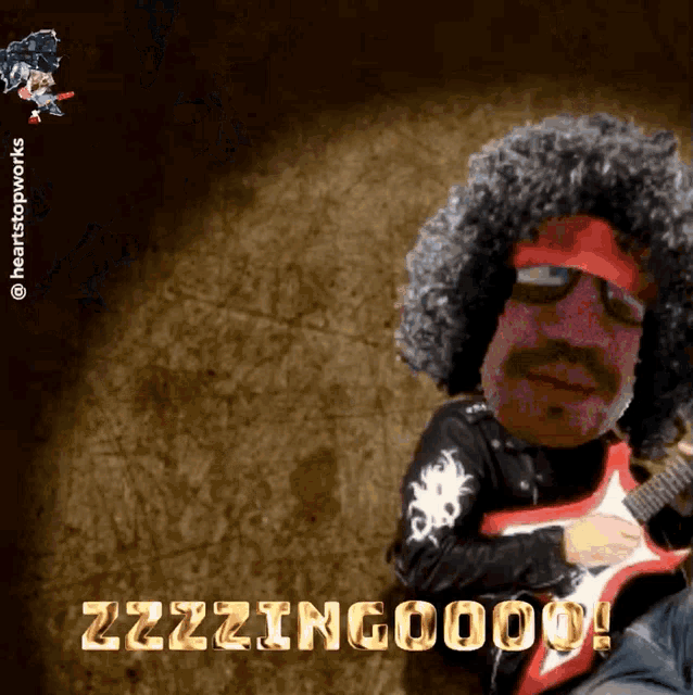 an animated image of a man playing a guitar with the words zzzzingoooo written on the bottom