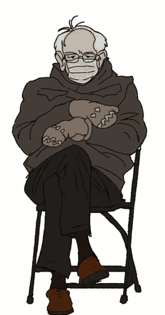 a man wearing a face mask and mittens is sitting in a chair