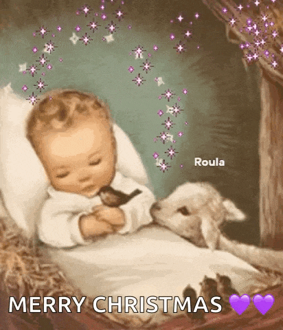 a baby is sleeping with a bird and a lamb and the words merry christmas are on the bottom .