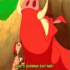 a cartoon of a pig saying she 's gonna eat me ..