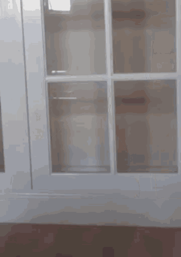 a white cabinet with glass doors has a reflection of a window