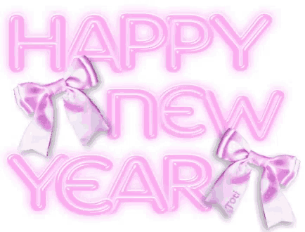 a pink neon sign that says happy new year with purple bows