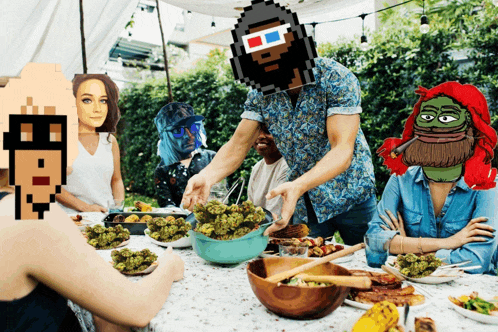 a group of people are sitting around a table with a man serving a bowl of food