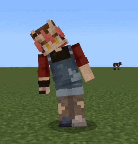 a minecraft character in overalls and a red shirt