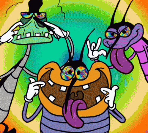 a group of cartoon characters are standing next to each other with their tongues out