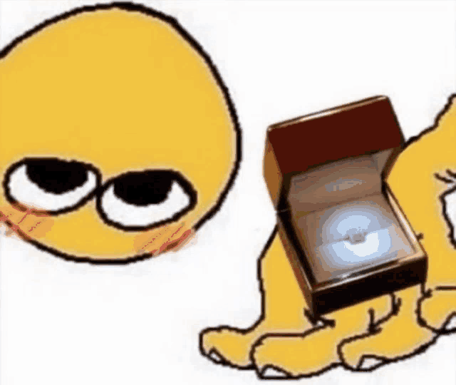a cartoon of a person holding a box with a ring in it .
