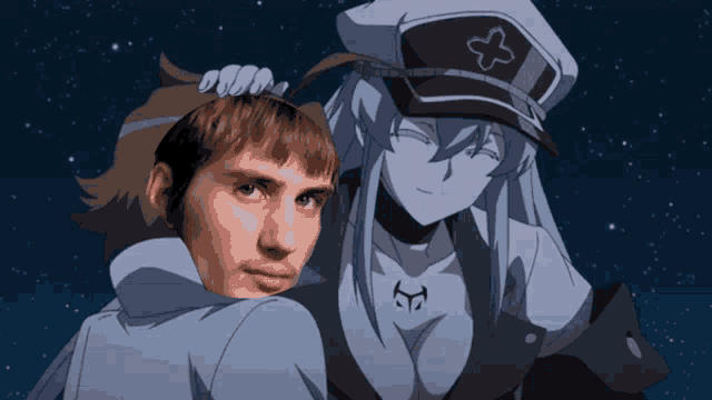 a man stands next to a cartoon character with a cross on her hat