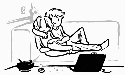 a black and white drawing of a man and a woman laying on a couch