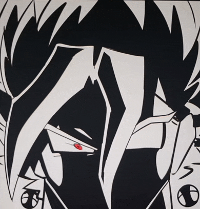 a black and white drawing with a red eye