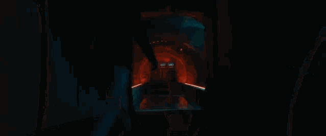 a man in a red shirt is standing in a tunnel in an aquarium .