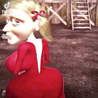 a cartoon character in a red dress is standing in a dirt field .