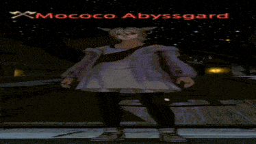 a video game character named mococo abyssgard is walking on a sidewalk
