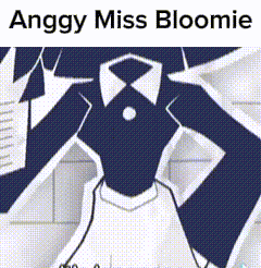 a black and white drawing of a person with the words anggy miss bloomie written above it .