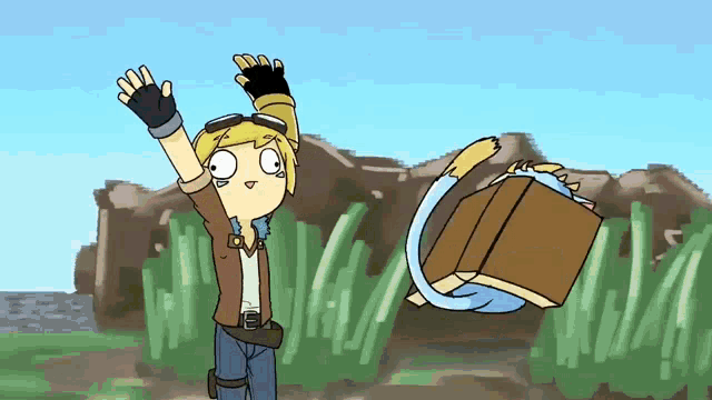 a cartoon of a person standing in a field with a book on the ground