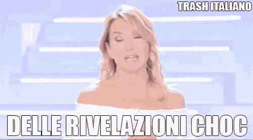 a woman in a white off the shoulder top is standing in front of a sign that says trash italiano