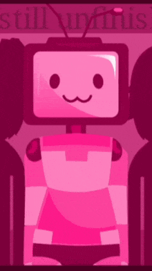a pink robot is standing in front of a purple background with the word still visible