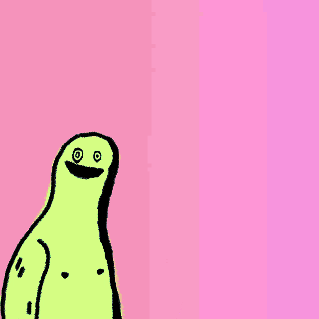 a cartoon drawing of a green turtle with a smiling face on a pink background