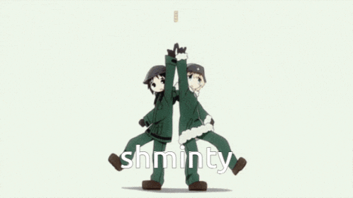a couple of anime characters giving each other a high five with the word shminty in the background
