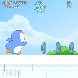 a video game called puddy penguins has a penguin jumping in the air
