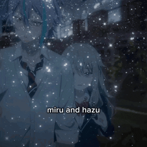 a couple of anime characters standing next to each other with the words miru and hazu written below them