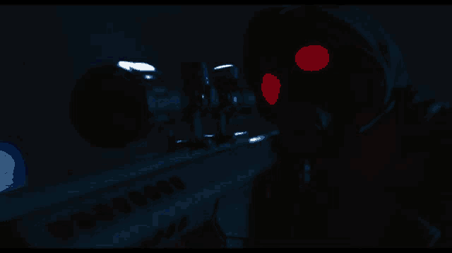 a person with red eyes is holding a rifle