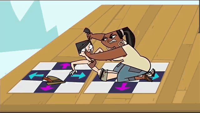 a couple of cartoon characters playing a game on a checkered floor