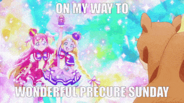 on my way to wonderful precure sunday with a picture of two girls