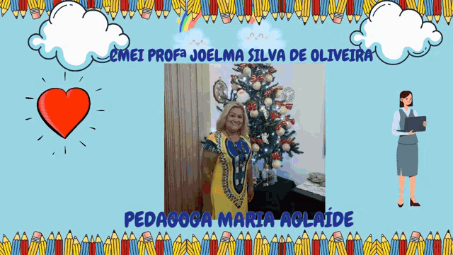 a picture of a woman standing in front of a christmas tree with the name joelma silva de oliveira