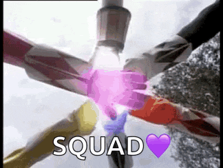 a group of power rangers putting their hands together with the words `` squad '' written below them .