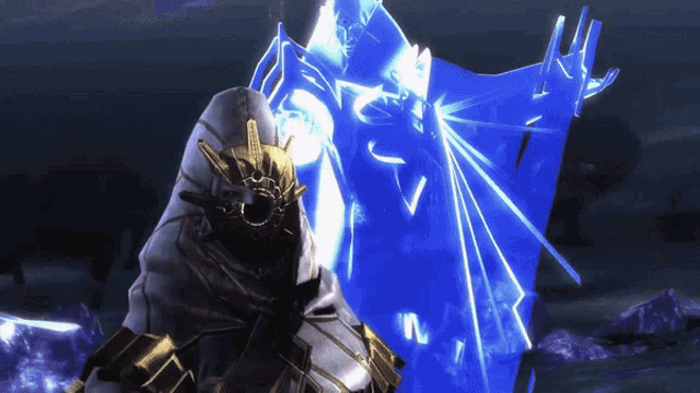 a video game character is holding a shield with a blue light behind it