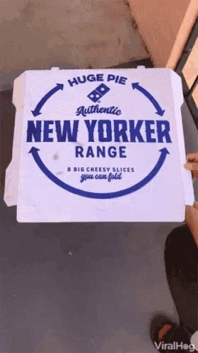 a pizza box that says new yorker range and big cheesy slices