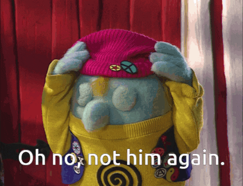 a stuffed animal wearing a yellow sweater and a pink hat with the words oh no not him again below it
