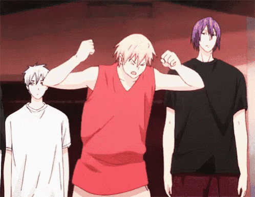 three anime characters are standing next to each other and one of them is wearing a red shirt