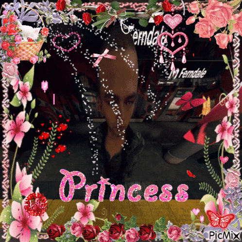 a picture of a man surrounded by pink flowers and the words princess