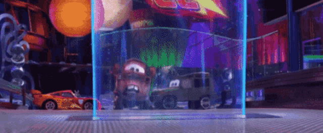 a group of cars are behind a glass fence in a cartoon scene .
