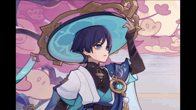 a cartoon character with blue hair wearing a hat