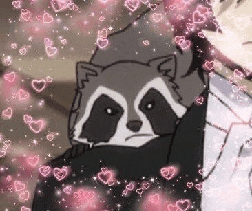 a raccoon is sitting on a person 's lap with hearts flying around it .