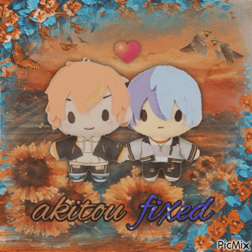 a picture of two stuffed anime characters with akitou fixed written below them