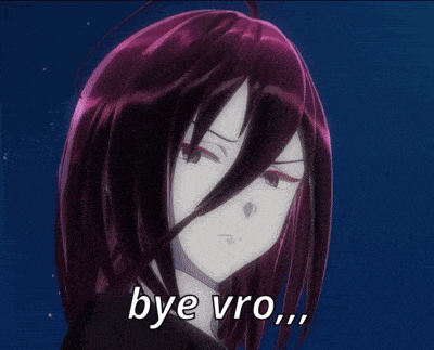 a purple haired anime girl with the words bye vro written below her