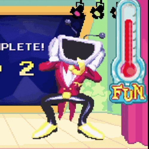 a cartoon character is sitting in front of a sign that says complete 2