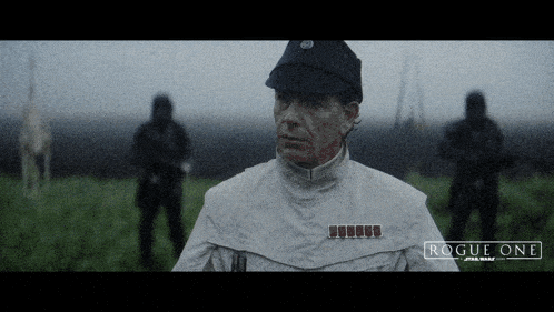 a poster for rogue one star wars shows a man standing in a field
