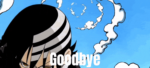 a cartoon character says goodbye in front of a blue sky with clouds
