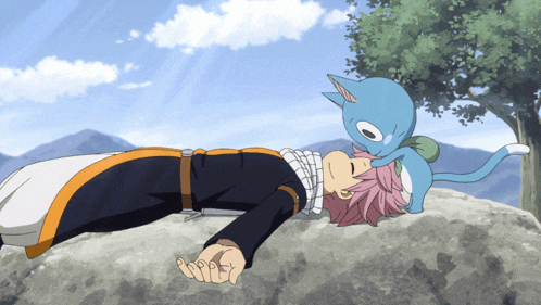 a cartoon character laying on a rock with a cat