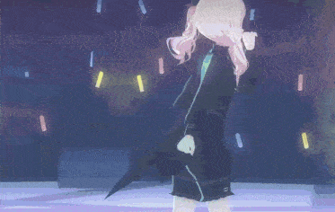 a girl in a black dress is standing in front of a crowd