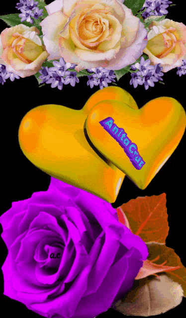 purple roses and yellow hearts with anita cruz written on them