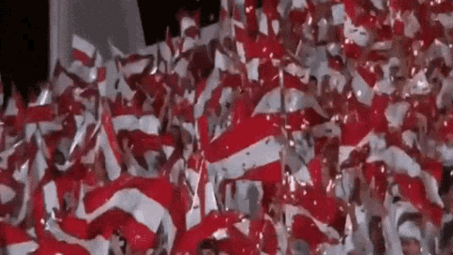 a crowd of people waving red and white flags with the letter s on them